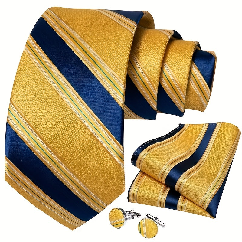 Men's Classic Striped Tie Set with Handkerchief Cufflinks and Ring for Business Formal Weddings