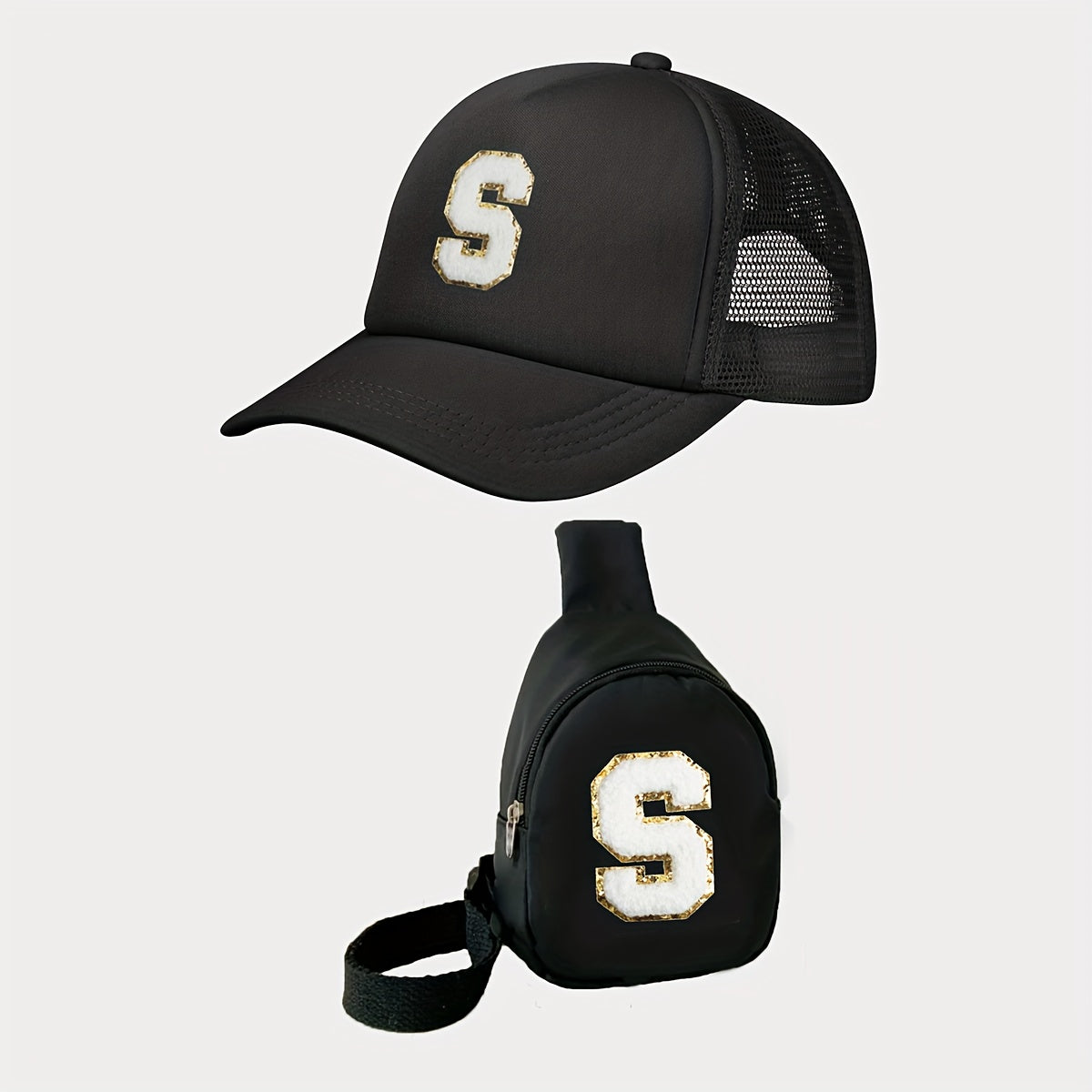 Children's Alphabet Baseball Cap and Shoulder Bag Set for Kids 3-14 Polyester Black