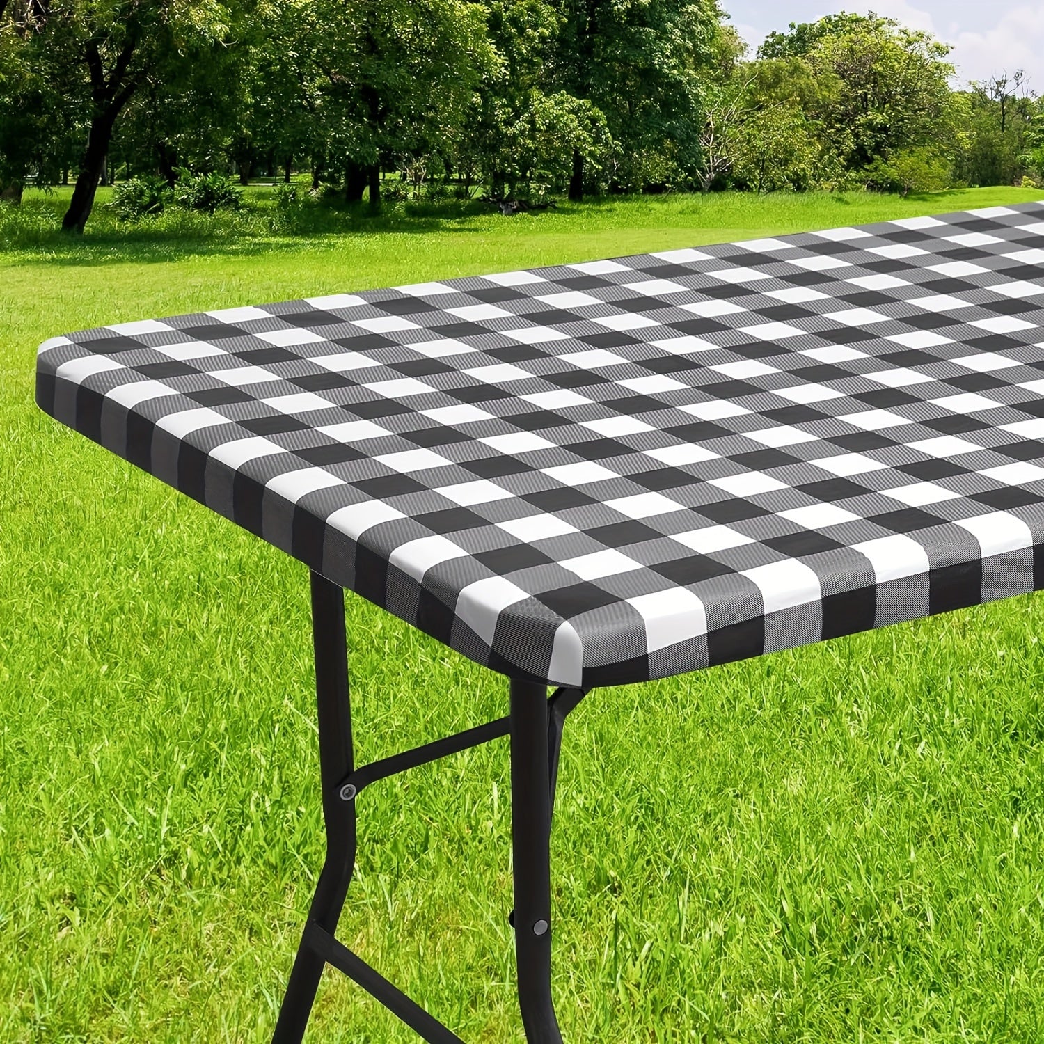 Vinyl Table Cover Waterproof with Flannel Backing Gray White Geometric Pattern Indoor Outdoor