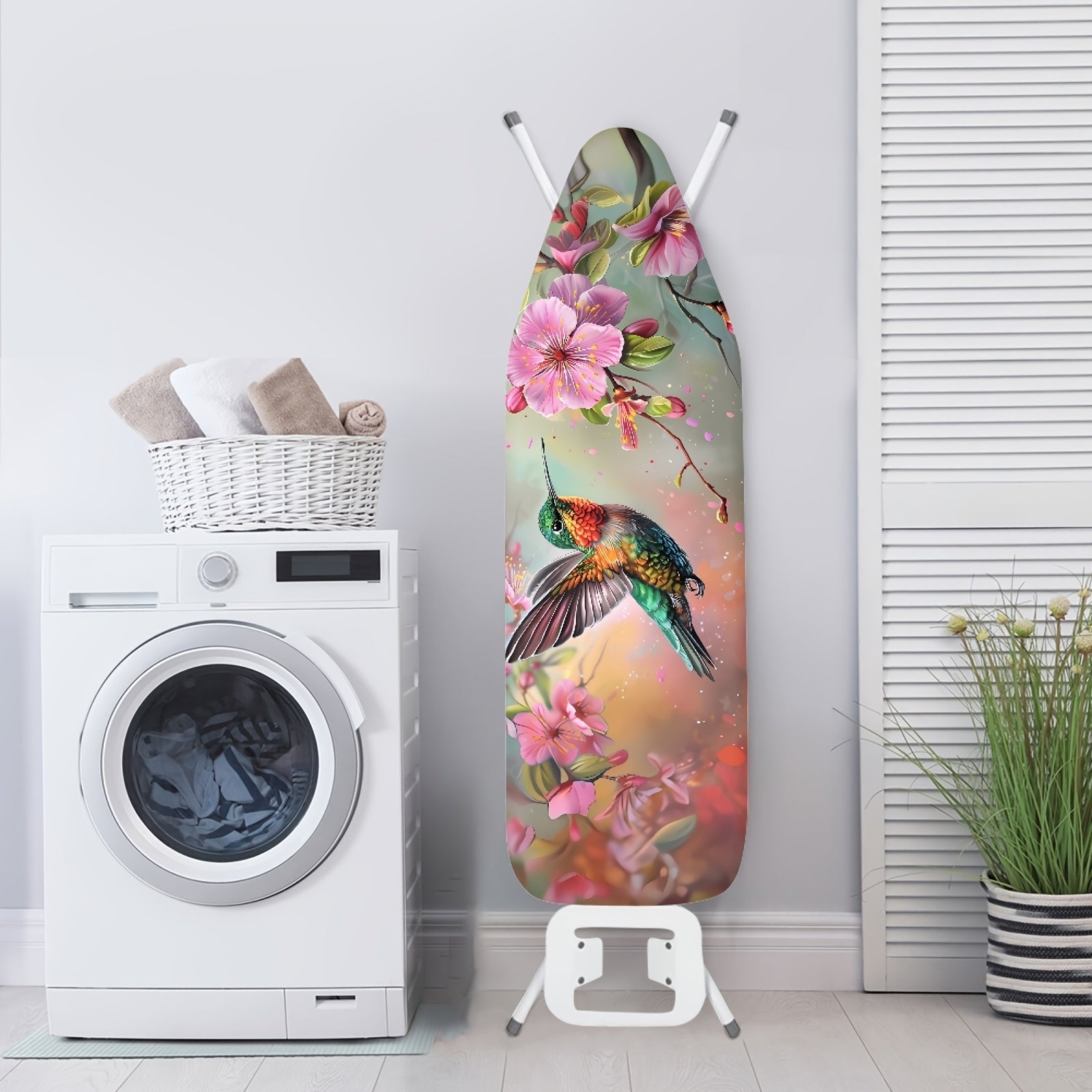Funda para tabla de planchar con diseño floral y colibrí, bordes elásticos, lavable a máquina, fácil de instalar