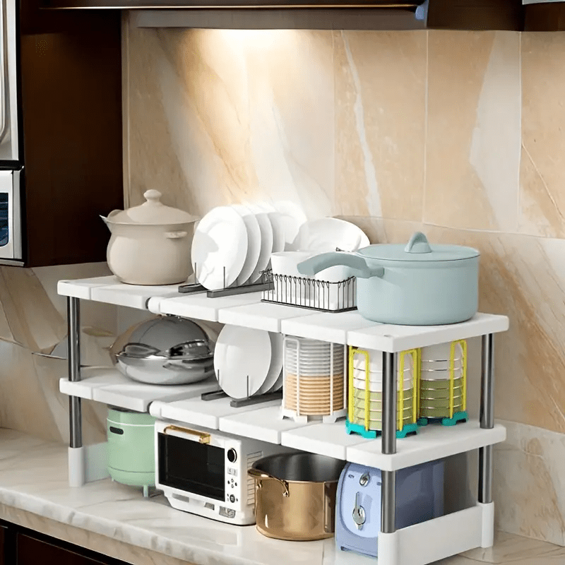 Регулируемая пластиковая полка-органайзер под раковиной с открытой полкой для хранения для кухонного шкафа. Сборка не требуется, решение для экономии места.