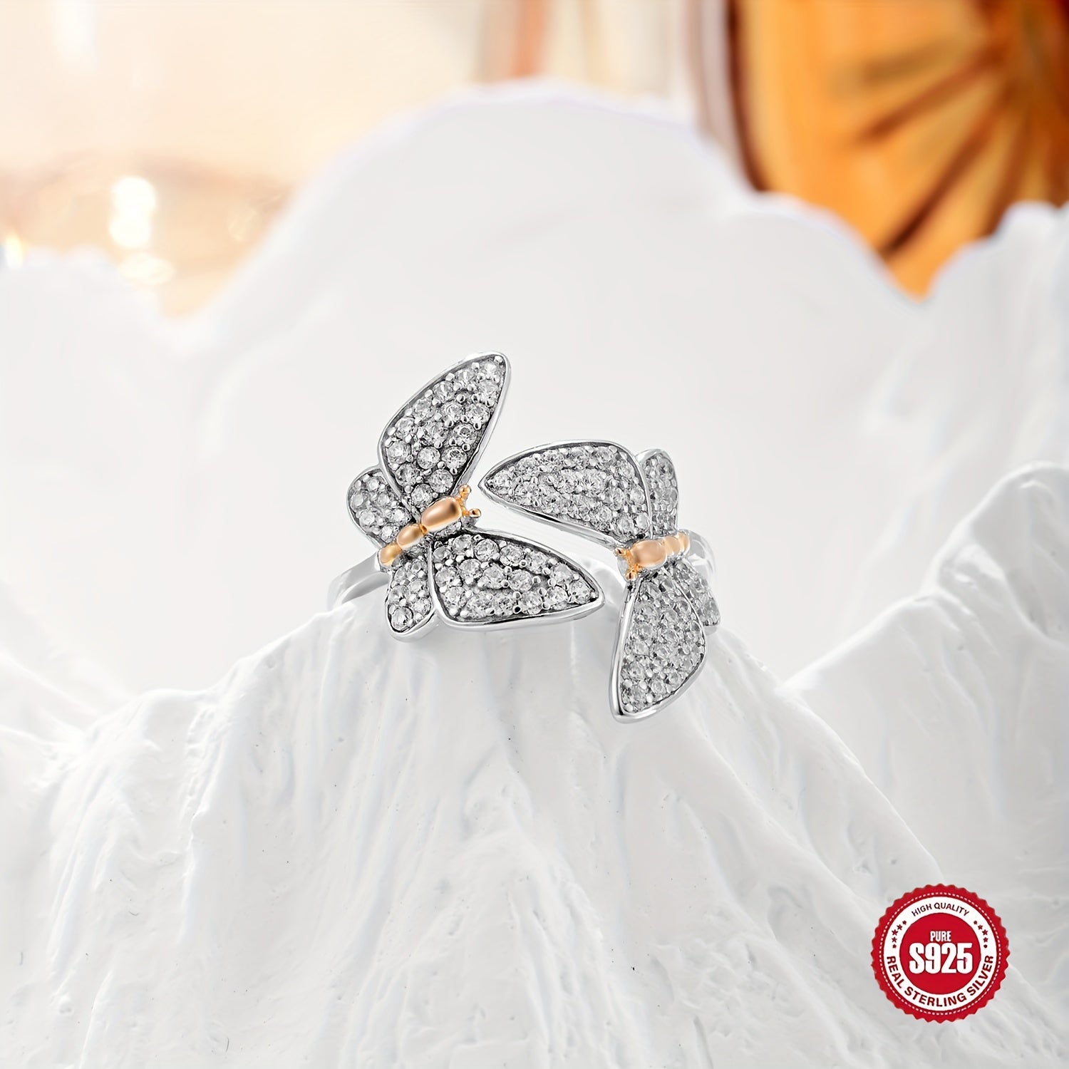 Ayollar uchun zirkoniy bilan kumush ikki karra kapalak uzuklar to'plami, sozlanadigan ochiq dizayn