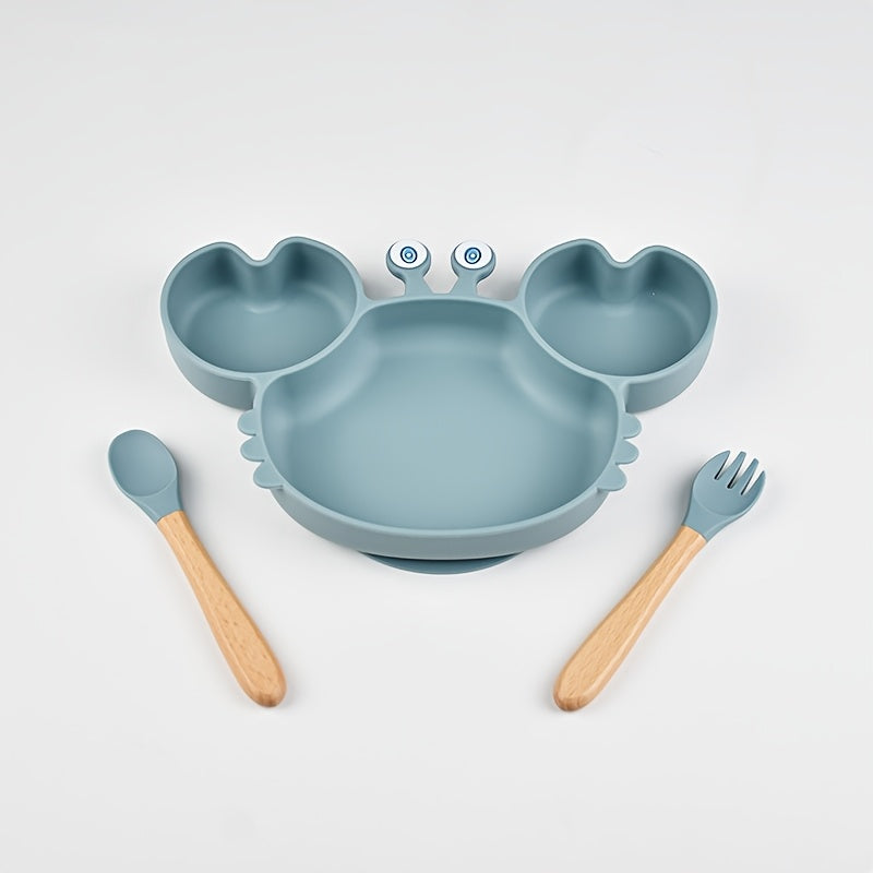 Silicone Toddler Tableware Set Non-Slip Crab Design Dinner Plate Spoons for Ages 0-3