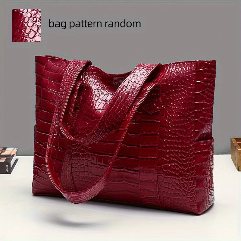 Blue Crocodile-Embossed PU Tote Bag with Zipper Closure for Women