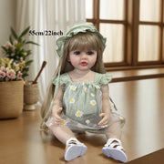 Full Vinyl Baby Doll 55.88 cm with Long Blonde Hair Green Daisy Dress Toddler Toy