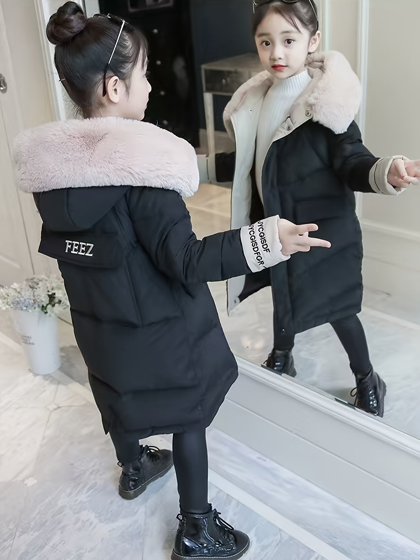 Girls Winter Puffer Coat with Faux Fur Hood Embroidered Alphabet Skinny Fit