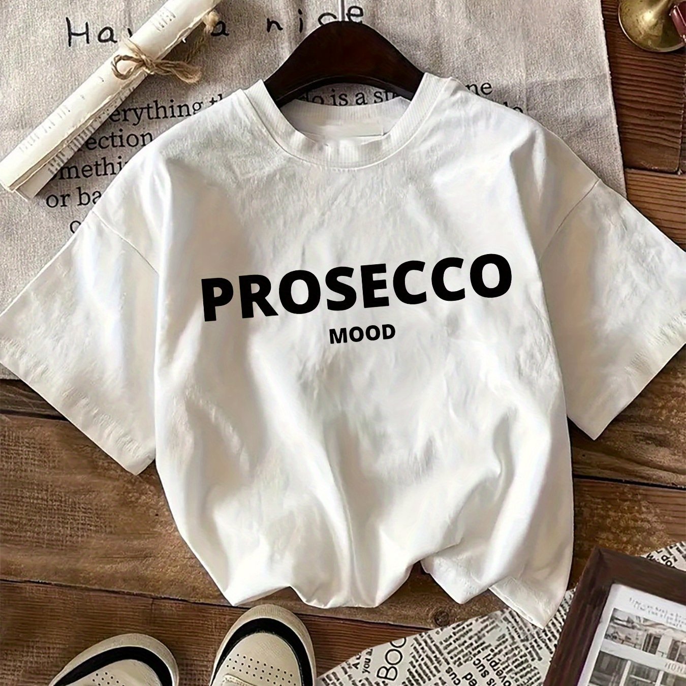 Women's Cotton Knit T-Shirt with "Prosecco Mood" Letter Print Crew Neck Short Sleeve All-Season Casual