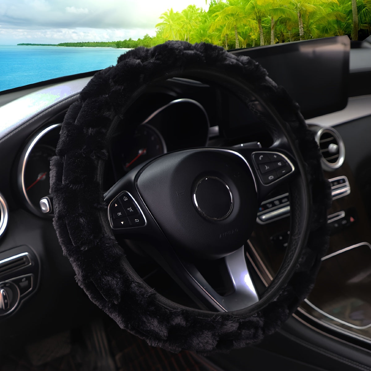 Winter Plush Car Steering Wheel Cover Faux Rabbit Fur Black White Stitching