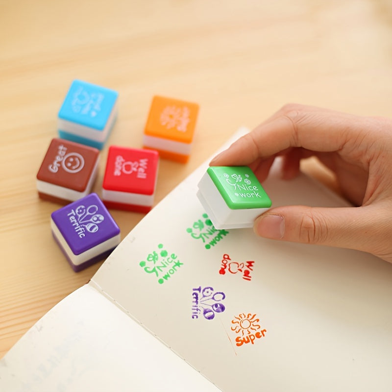 6 ta to'rtburchakli o'qituvchi muhrlari to'plami, baholash uchun ijobiy xabarlar bilan, ABS materialidan tayyorlangan.