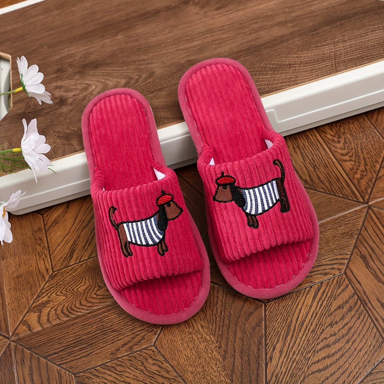 Ayollar uchun qora korduroy it poyabzali, qizil sharf bilan, ichki va tashqi foydalanish uchun poyabzal