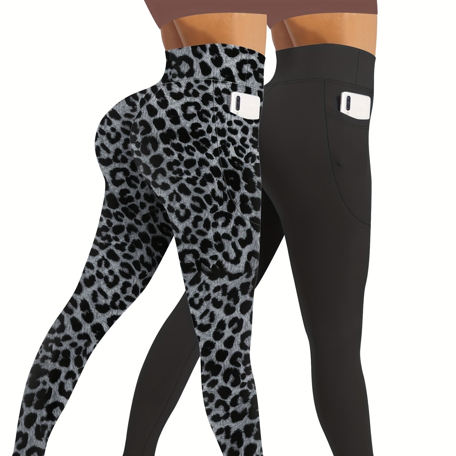 Women Yoga Pants 2pcs Large Size High-Waisted Tummy Control with Pockets