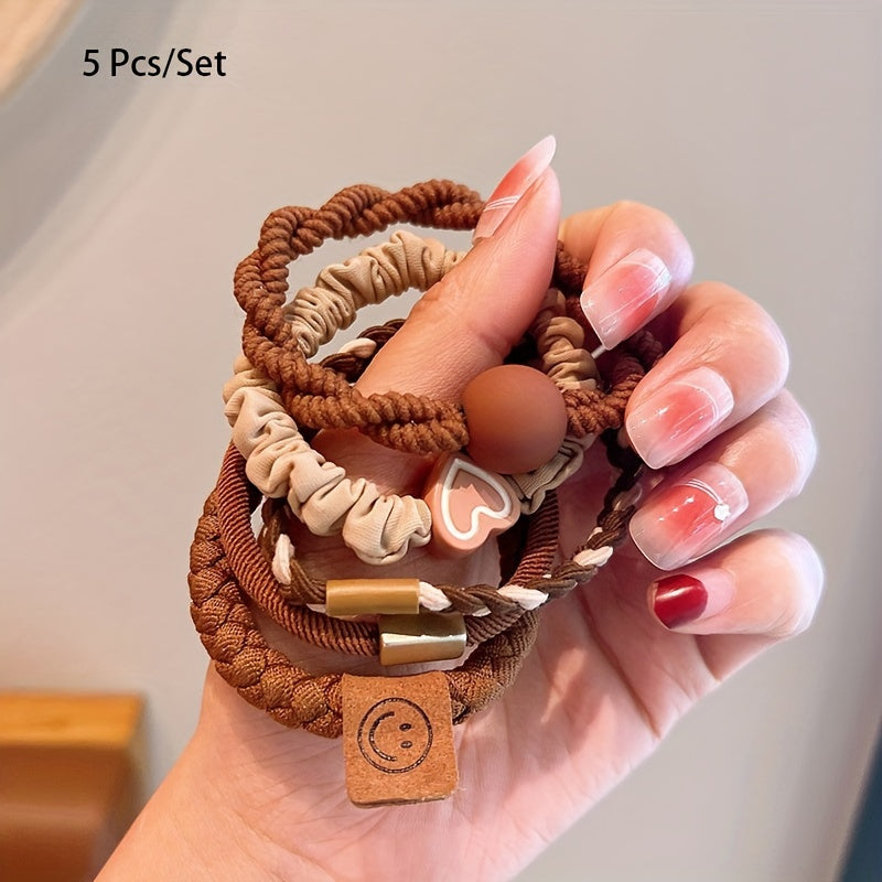 Casual Polyester Hair Ties Set with Heart and Smile Charms for Women