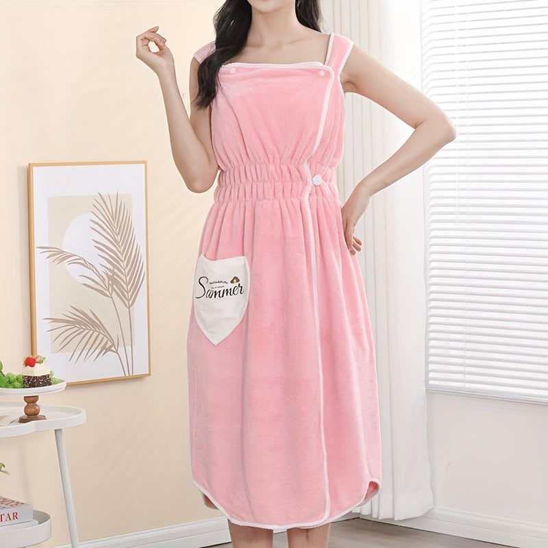 Adult Coral Fleece Wearable Bath Towel with Heart Pocket and Elastic Waistband Absorbent Non-Shedding