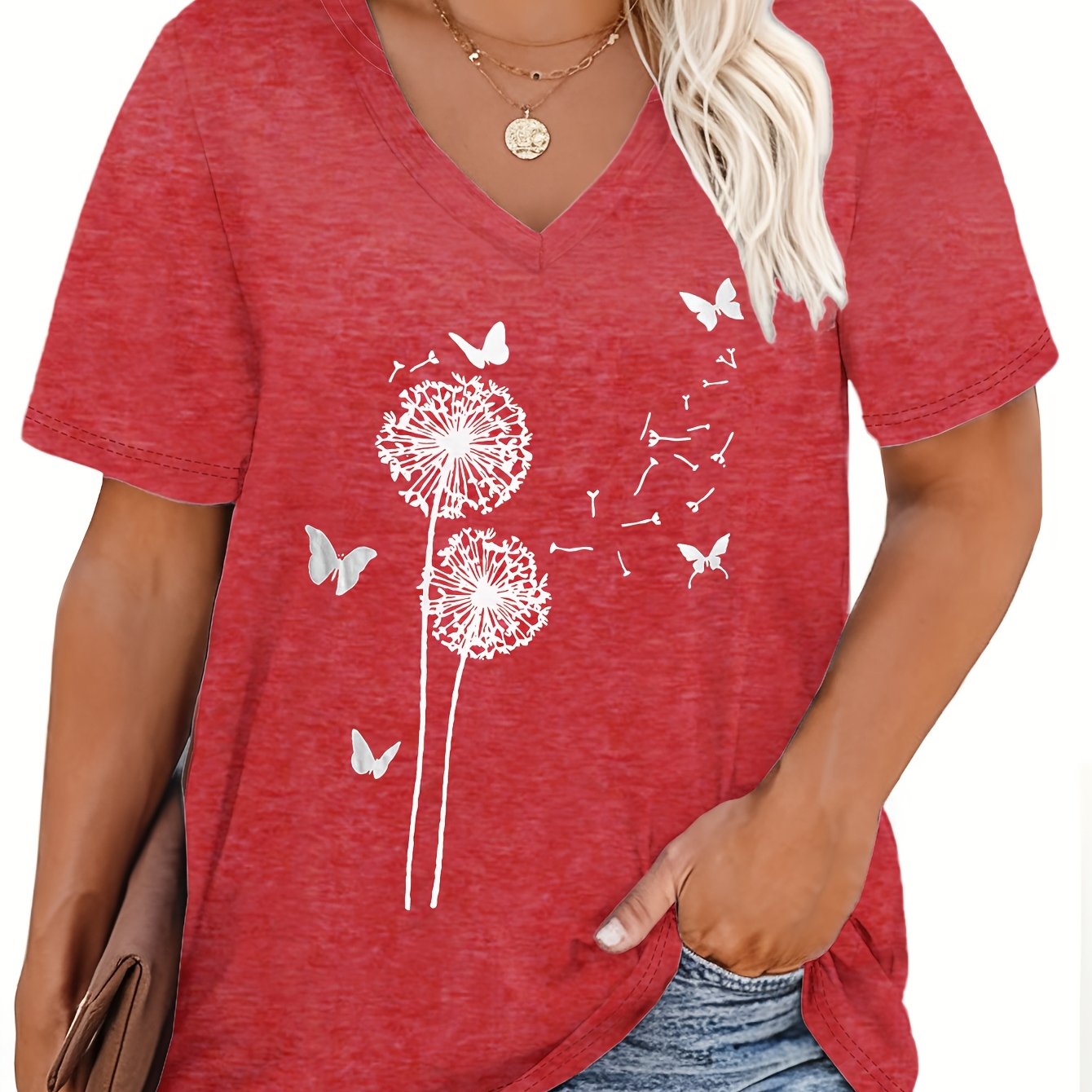 Women's Dandelion Flower Print T-Shirt Large Size Casual Cotton Tee