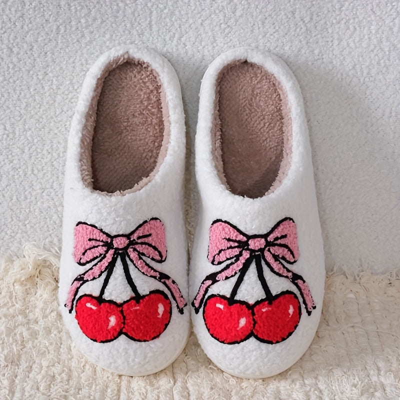 Unisex Plush Fluffy Slippers With Cherry Bowknot Pattern Indoor Fuzzy Shoes