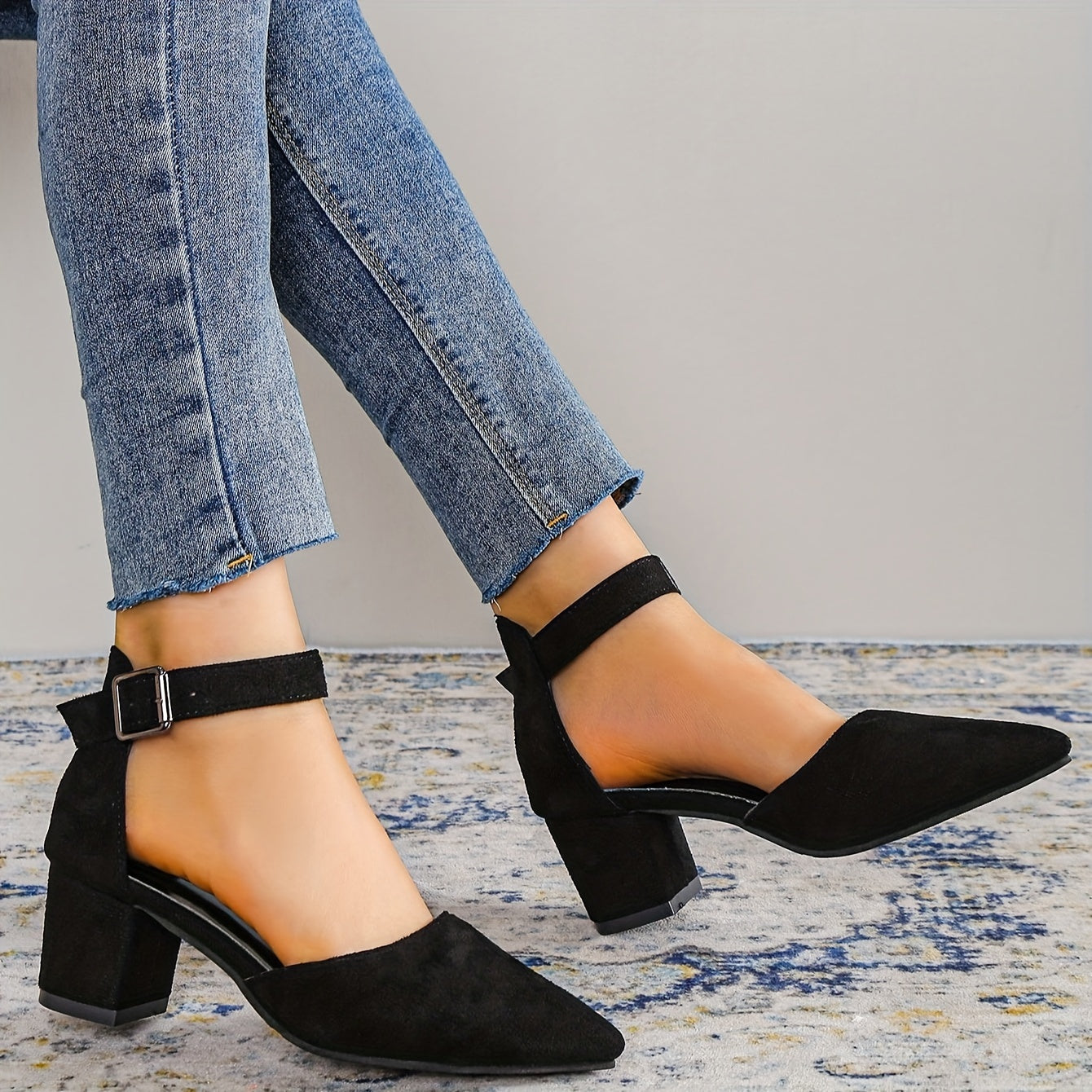 Women's Dress Shoes with Block Heel Ankle Strap Pointed Toe Solid Color Mid Heel