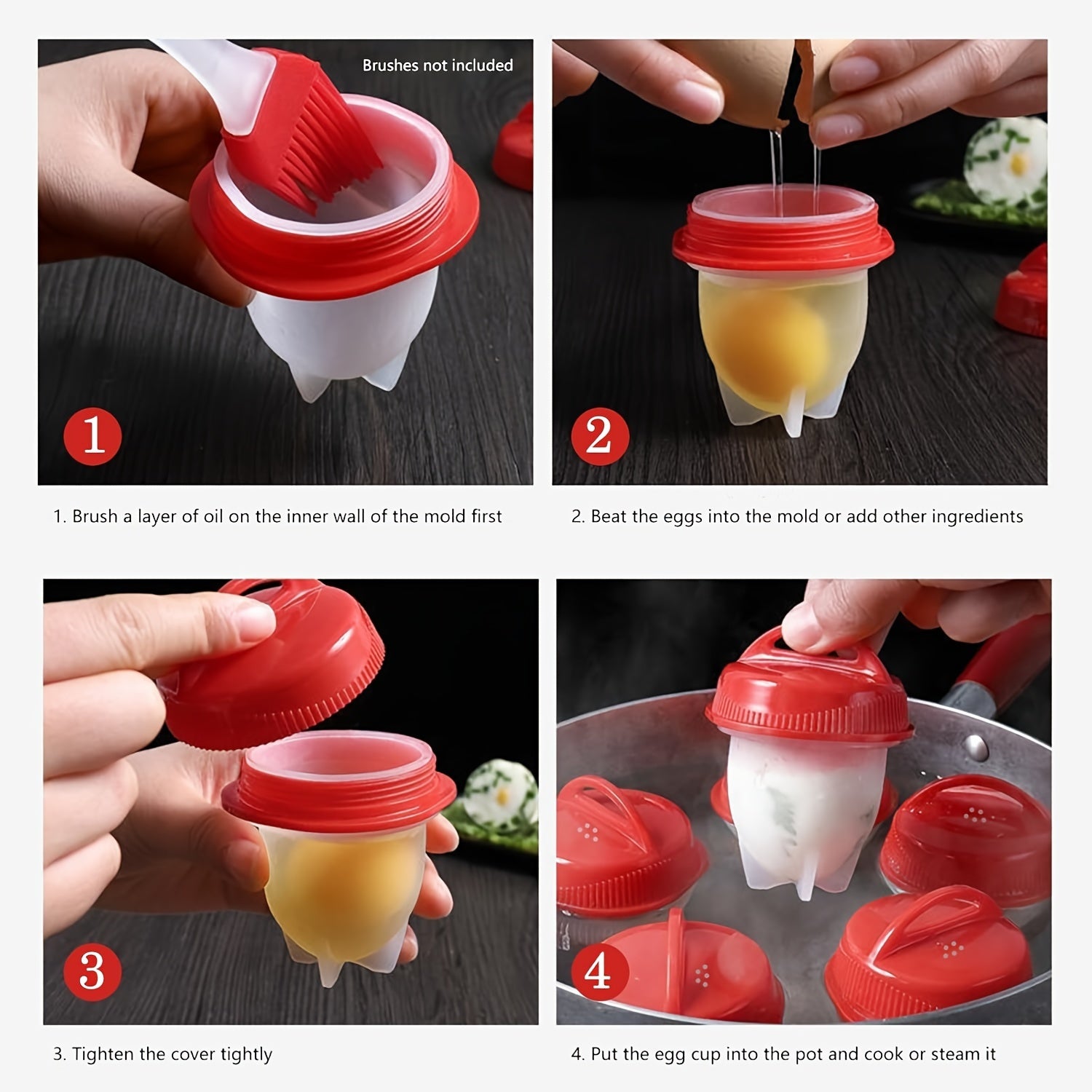 Silicone Egg Cups for Steamed Eggs Baking and Cooking Red Set of 4