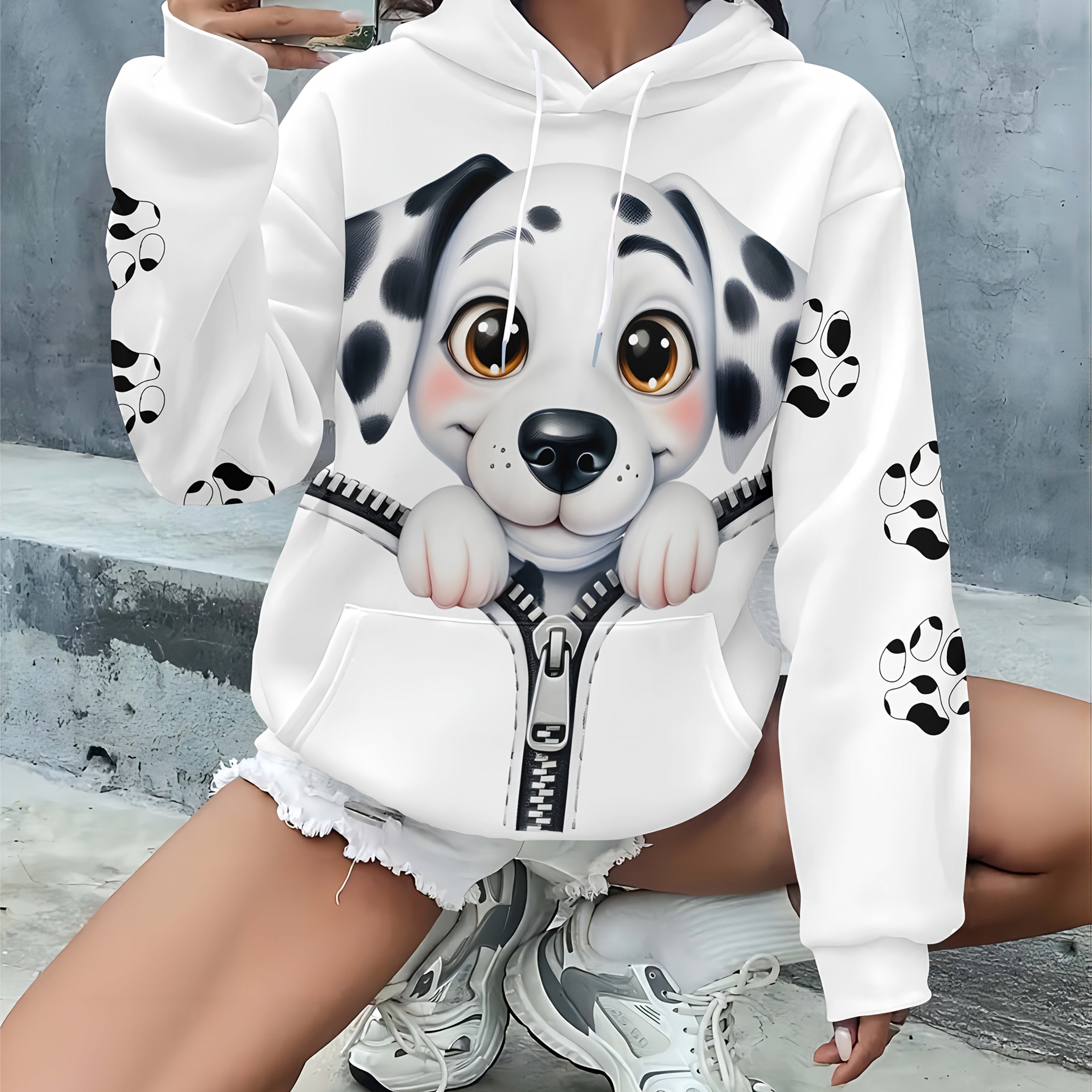 Women’s White Dog Print Hoodie Casual Plus Size Pullover with Drawstring