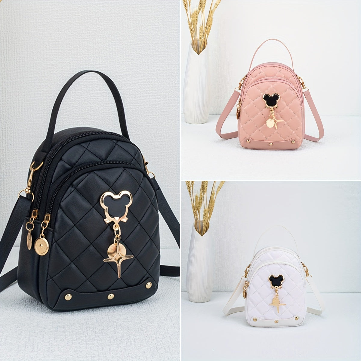 Faux Leather Rhombus Grid Shoulder Bag and Hardware Backpack for Daily Use