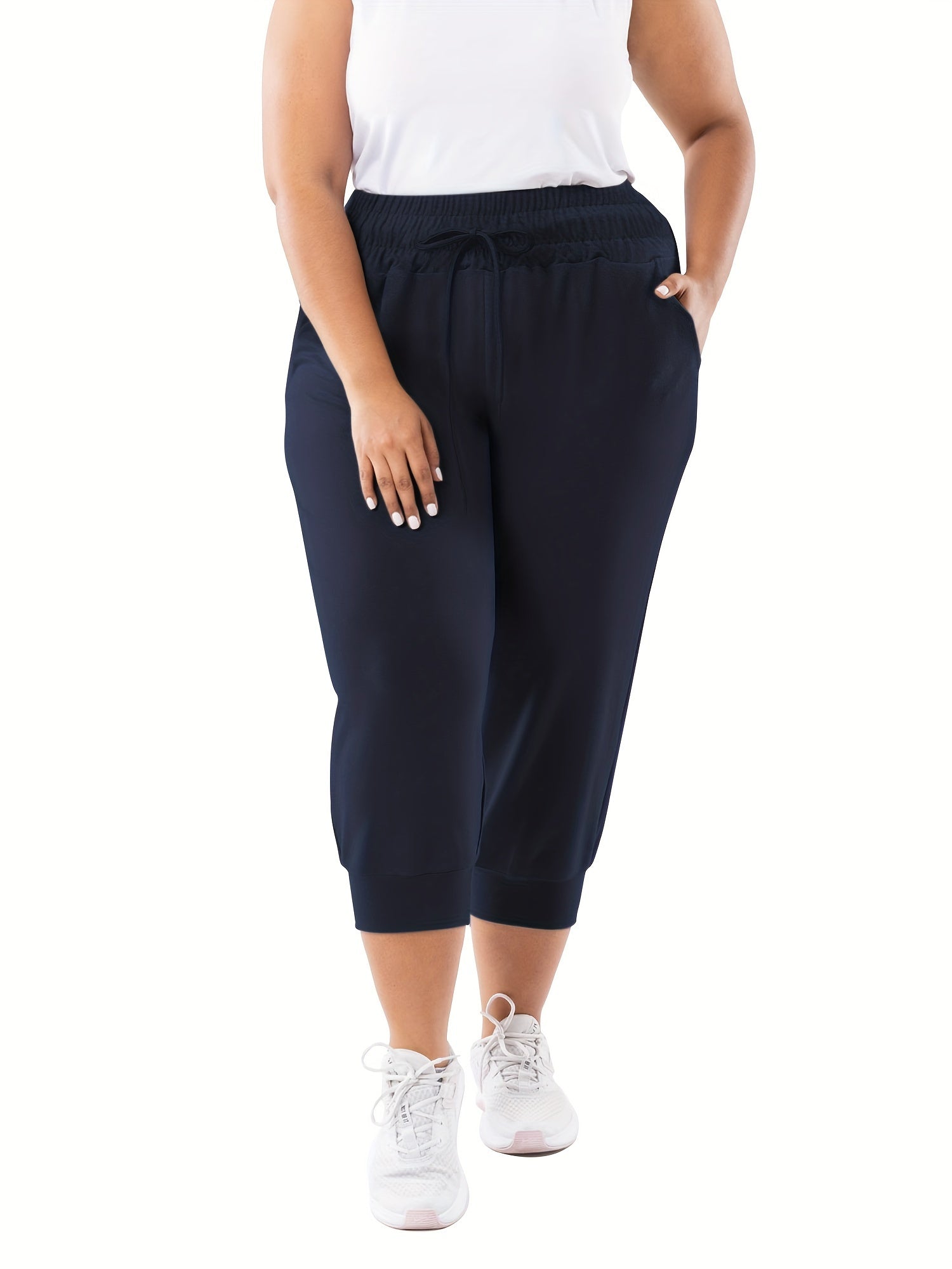 Women's Plus Size Casual Capri Joggers With Drawstring Pockets