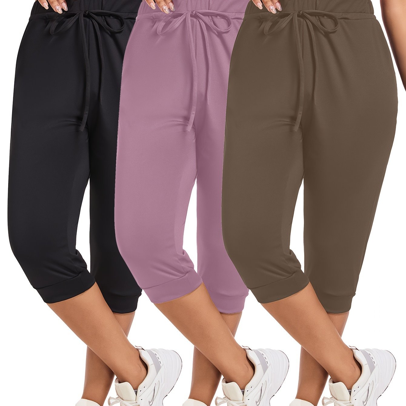Plus Size Women's Yoga Capris Pack of 3 Maroon Drawstring Pockets Stretch Polyester