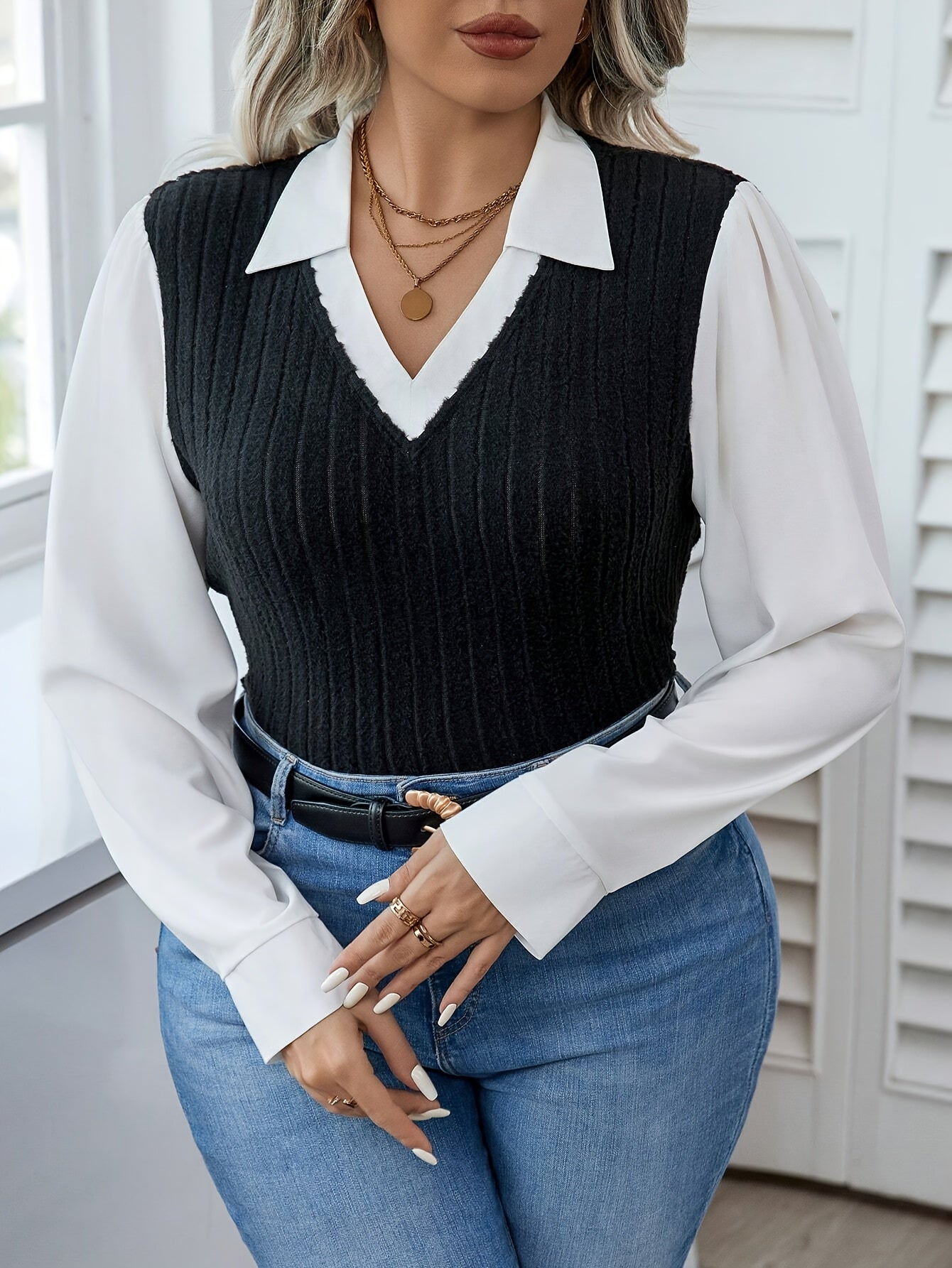 Plus Size Women's Colorblock V-Neck Long Sleeve Blouse Ribbed Knit Semi-Sheer Polyester