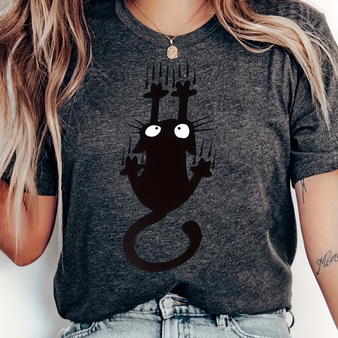 Women's Gray Short Sleeve T-Shirt with Cat Print Casual Spring Summer Autumn