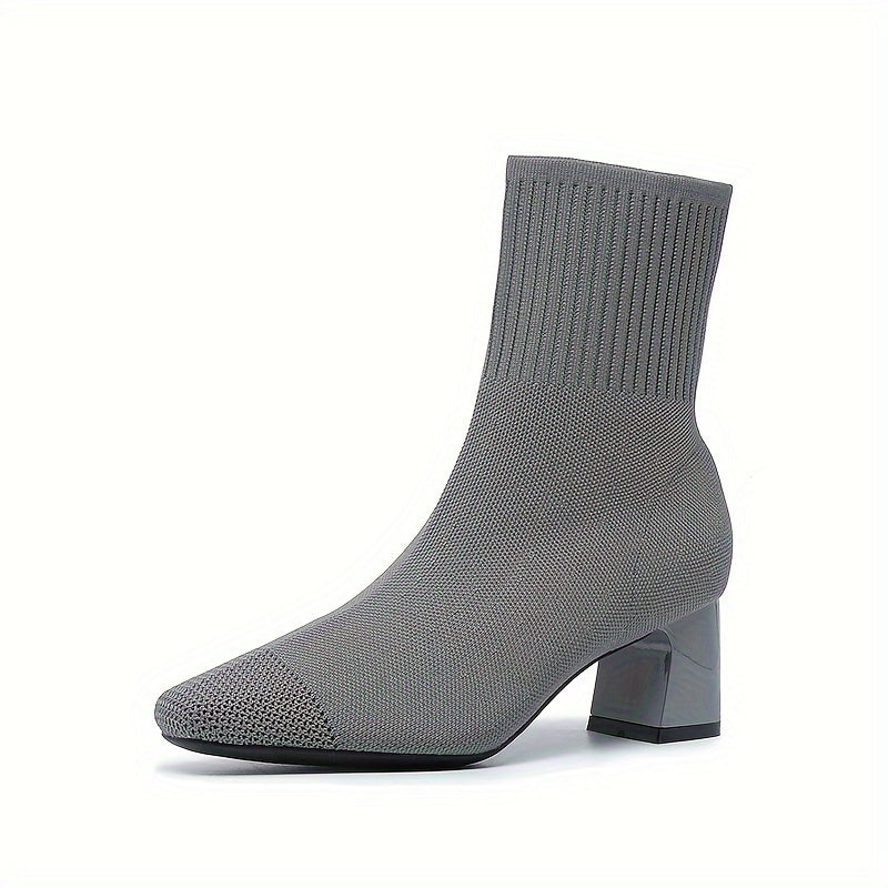 Women's Ankle Boots Breathable Knit Slip-On Block Heel Solid Color