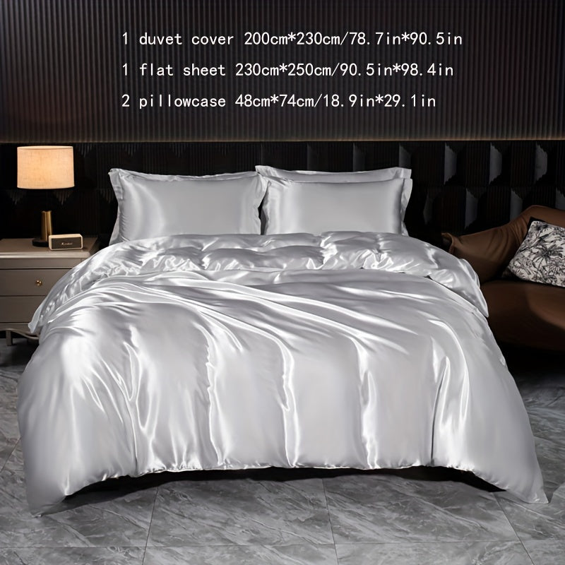 Luxurious Satin Bedding Set 4-Piece Zipper Closure Solid Color for Home Guest Hotel