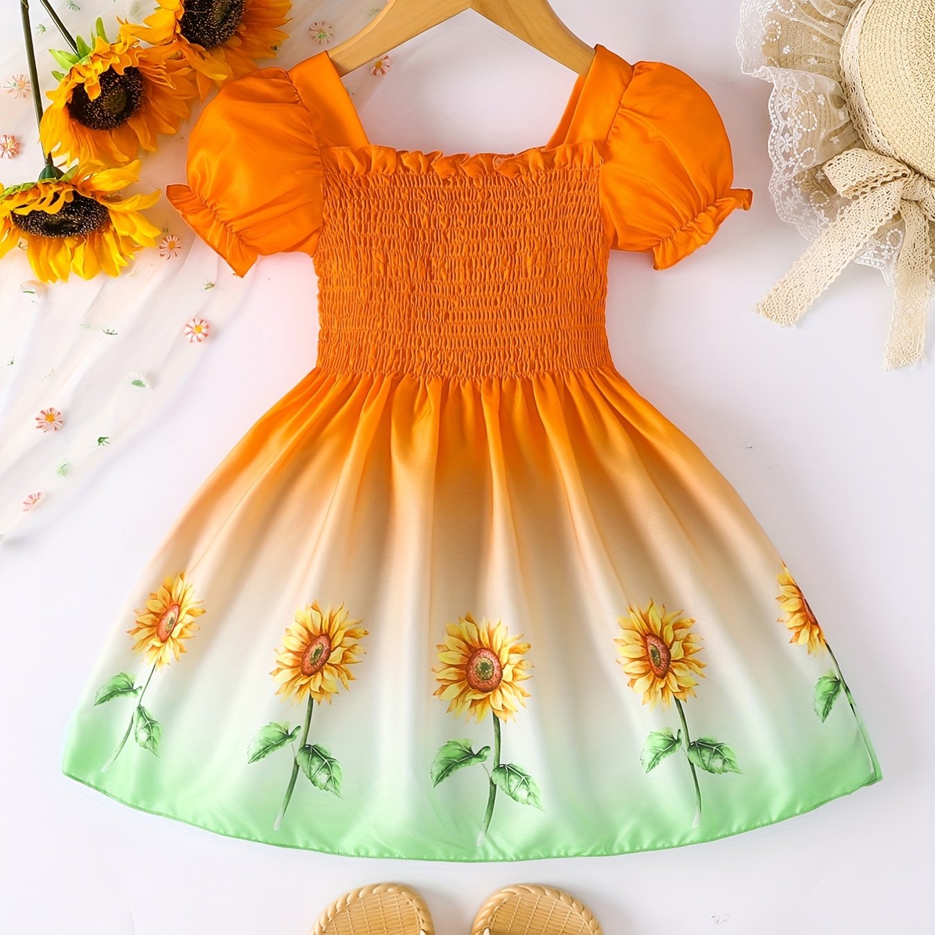 Girls Summer Ombre Sunflower Pattern Princess Dress for Kids Casual 4th of July
