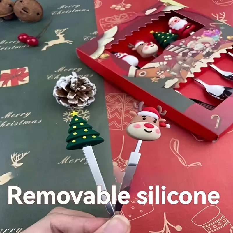 Set of 4 Stainless Steel Coffee Spoons with Santa and Reindeer Christmas Designs
