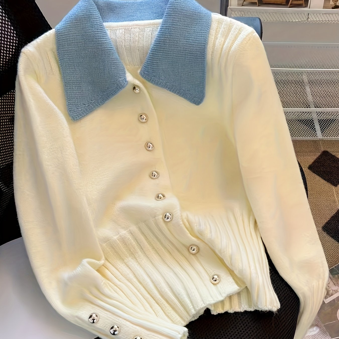 Cárdigan de punto con bloques de color para mujer, poliéster, alto estiramiento, otoño e invierno, elegante