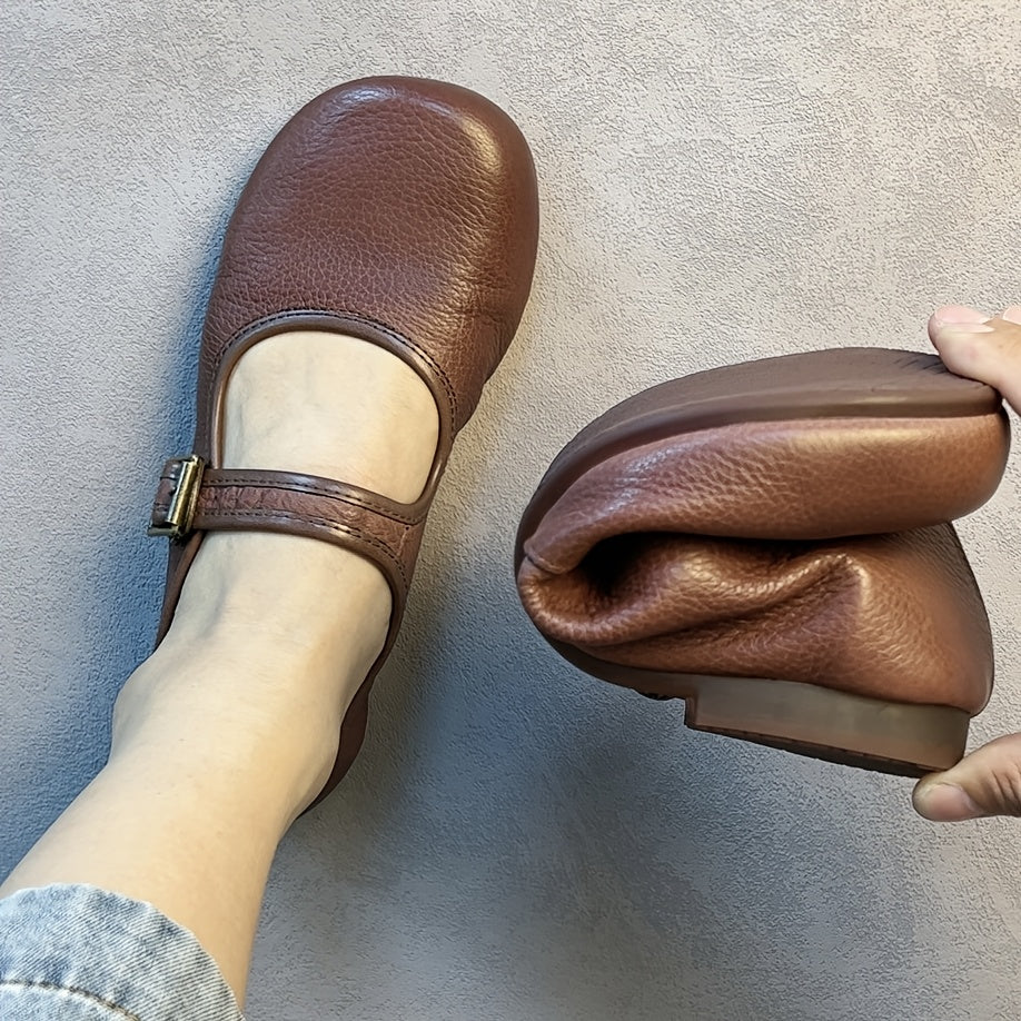 Women's Leather Mary Jane Flats Casual Shoes Adjustable Strap Lightweight