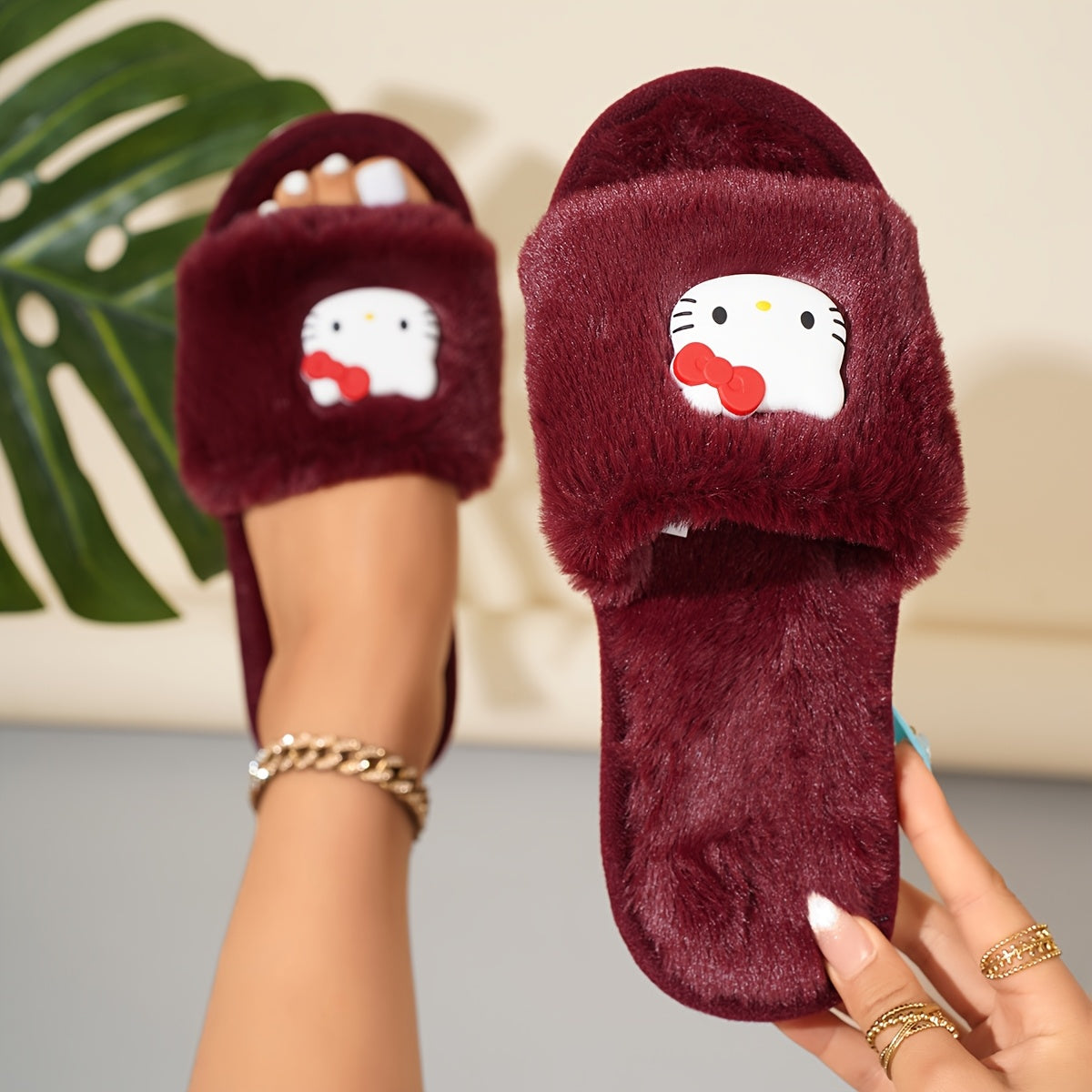 Women's Faux Fur Slip-On Slippers with Bow Decor Indoor Outdoor Comfortable