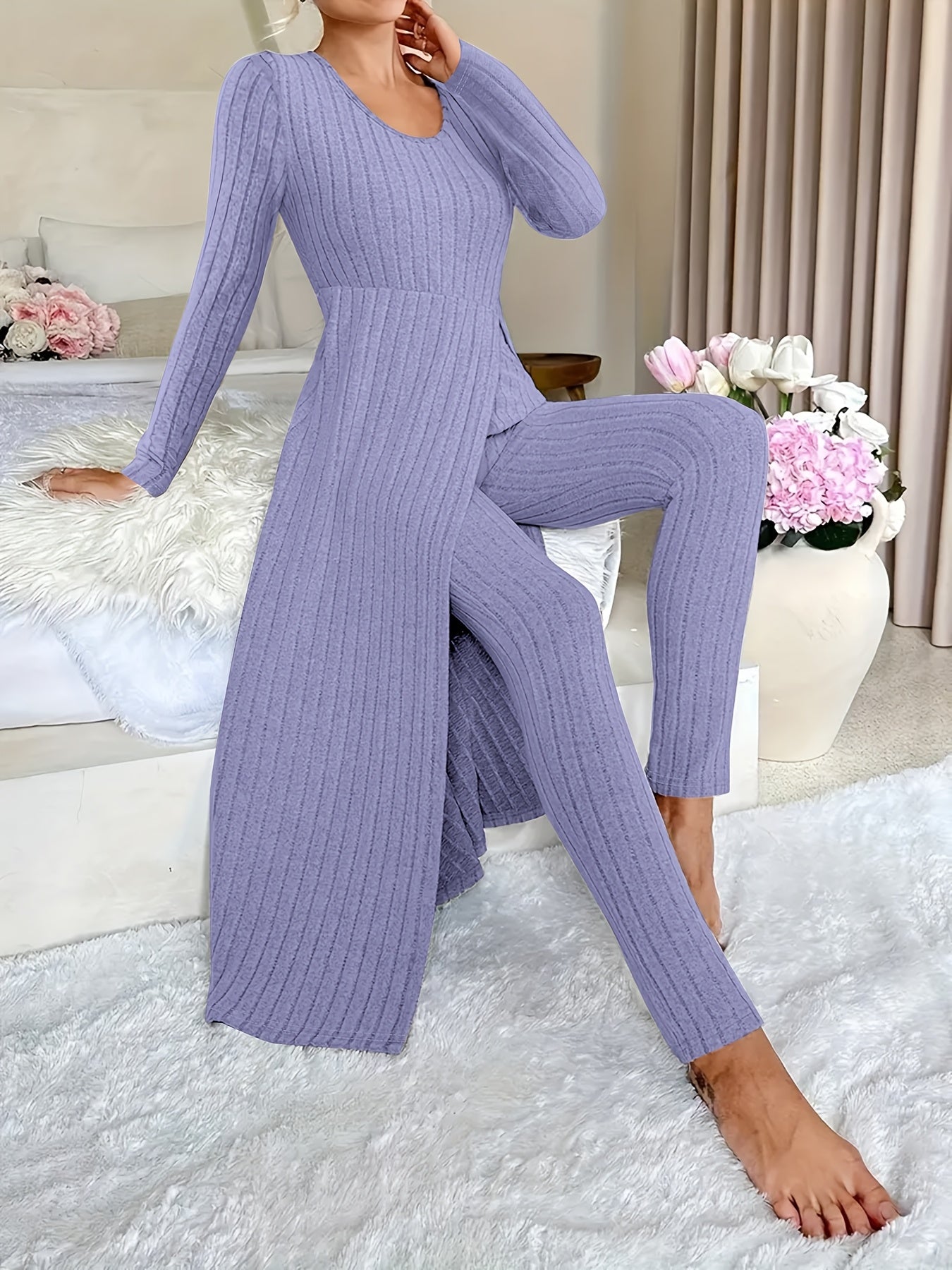 Women's Ribbed Long-Sleeved Top and Pants Set Polyester Solid Casual All-Season