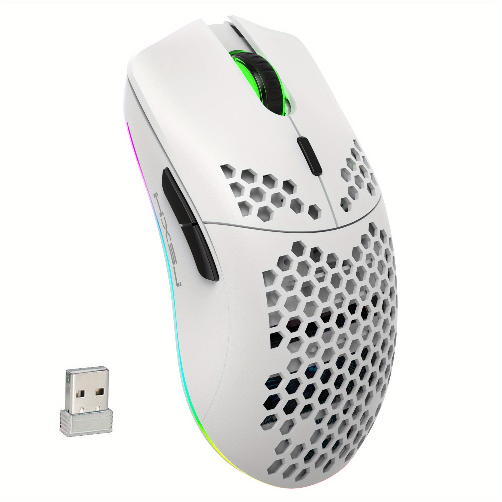 Wireless Gaming Mouse RGB Lighting Rechargeable Honeycomb Design USB Plug and Play Right-Handed White
