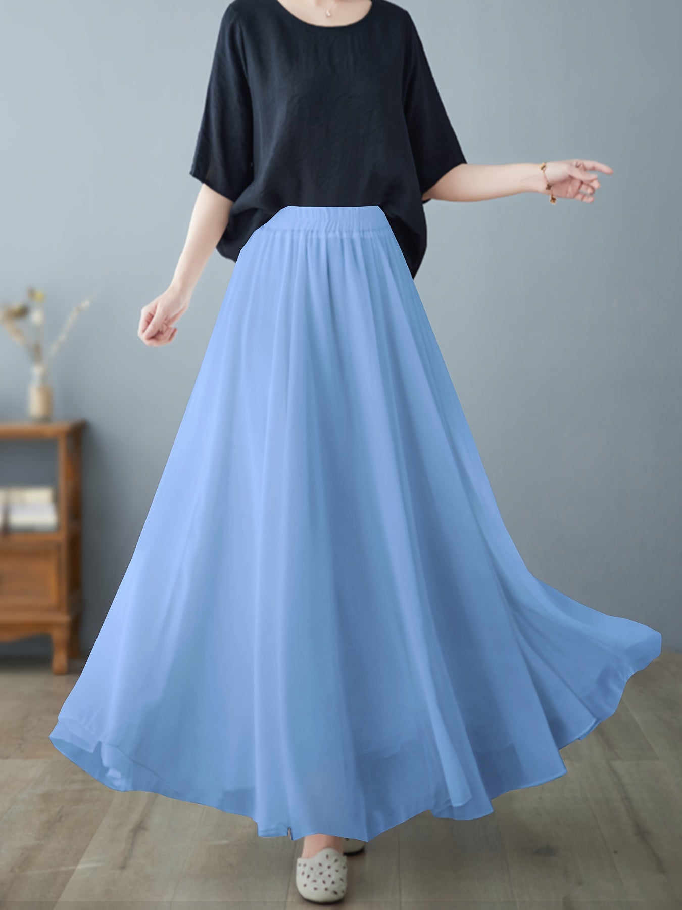 Women's High-Waist Chiffon Maxi Skirt with Ruffled Hem and Slimming A-Line Silhouette
