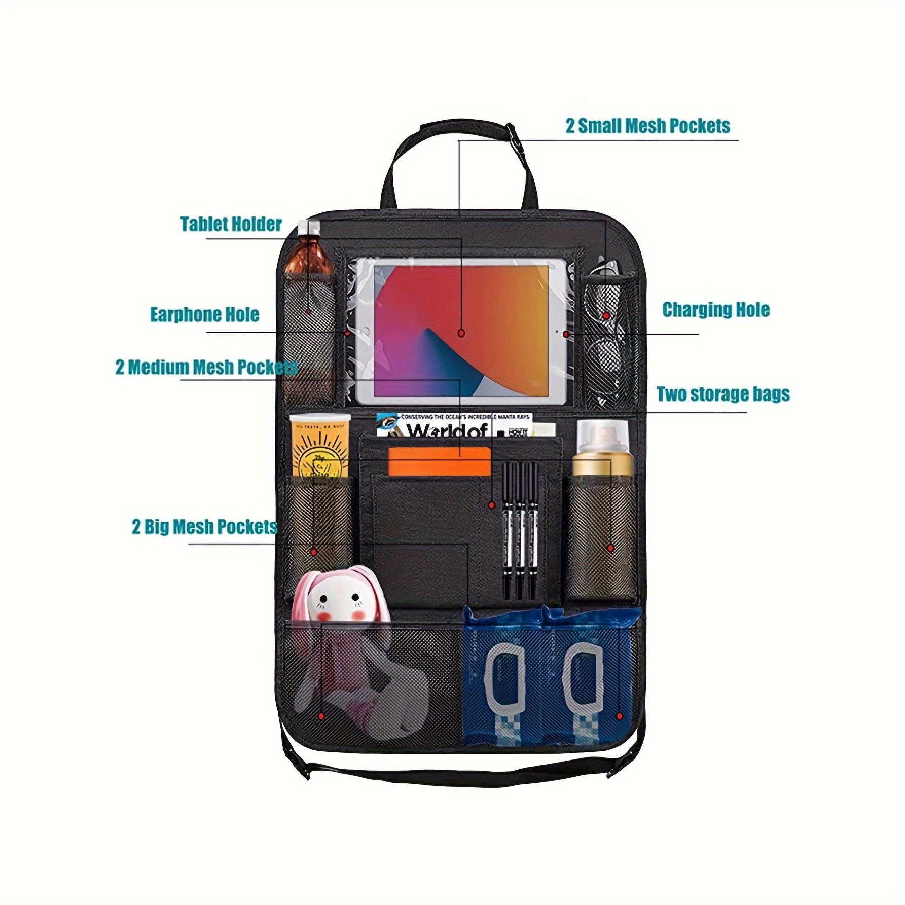 Bolalar orqa o'rindiq uchun planshet tutgichi va tarmoq cho'ntaklari bilan avtomobil o'rindiq tashkilotchisi