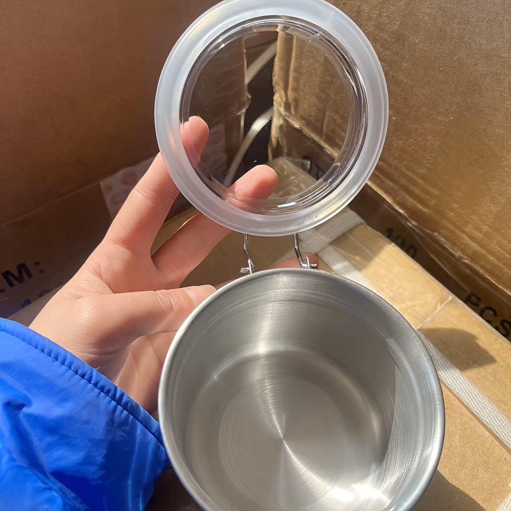 Airtight Stainless Steel Herb Storage Jar with Transparent Lid and Blue Clasp