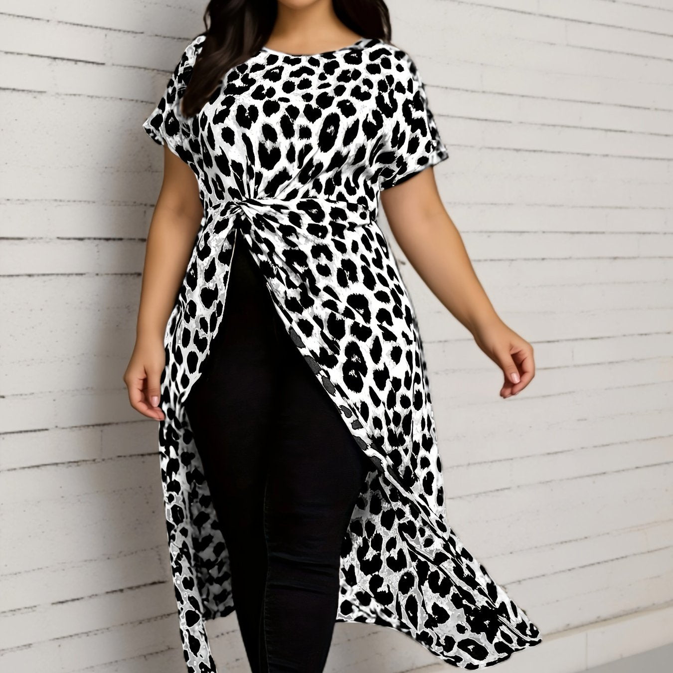 Plus Size Leopard Print Crew Neck Blouse Short Sleeve Asymmetrical Spring Summer Women