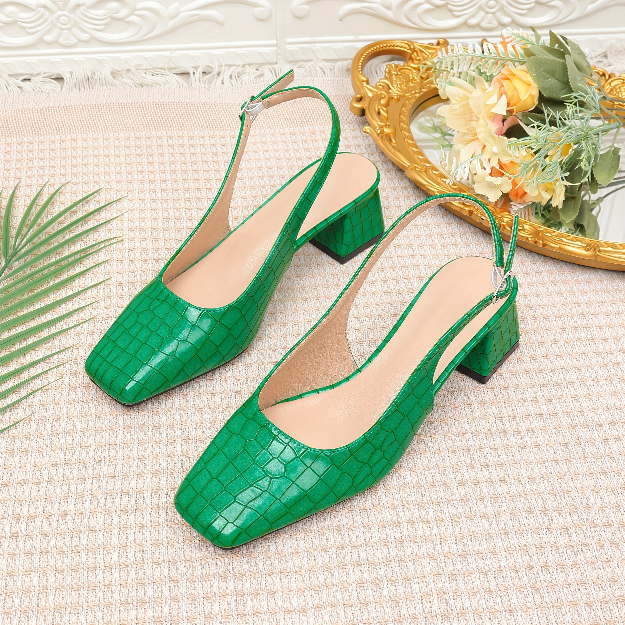 Women's Square Toe Pumps Faux Leather Crocodile Pattern Chunky Heel Dress Shoes