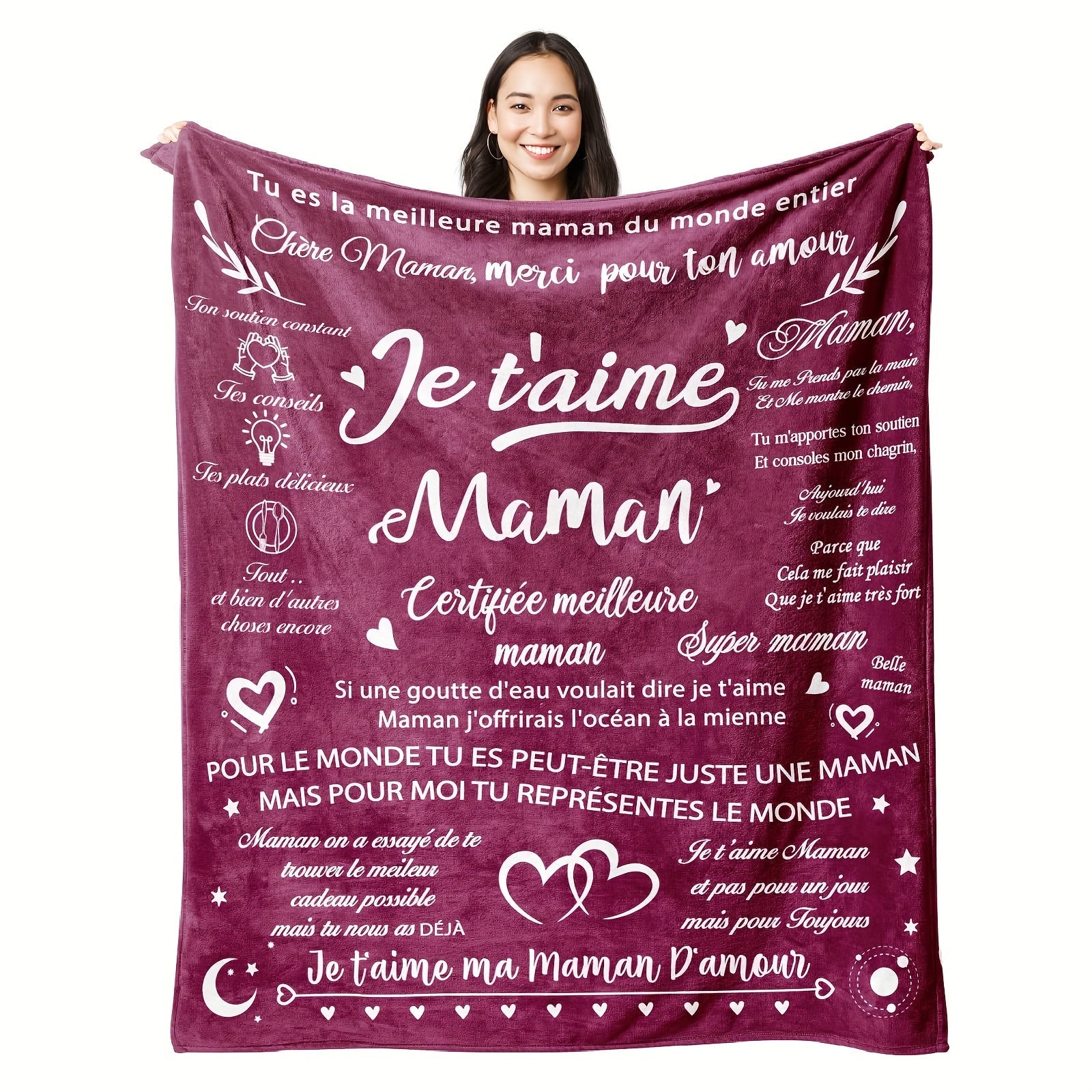 French Letter Printed Fleece Blanket for Mom Cozy Warm Gift