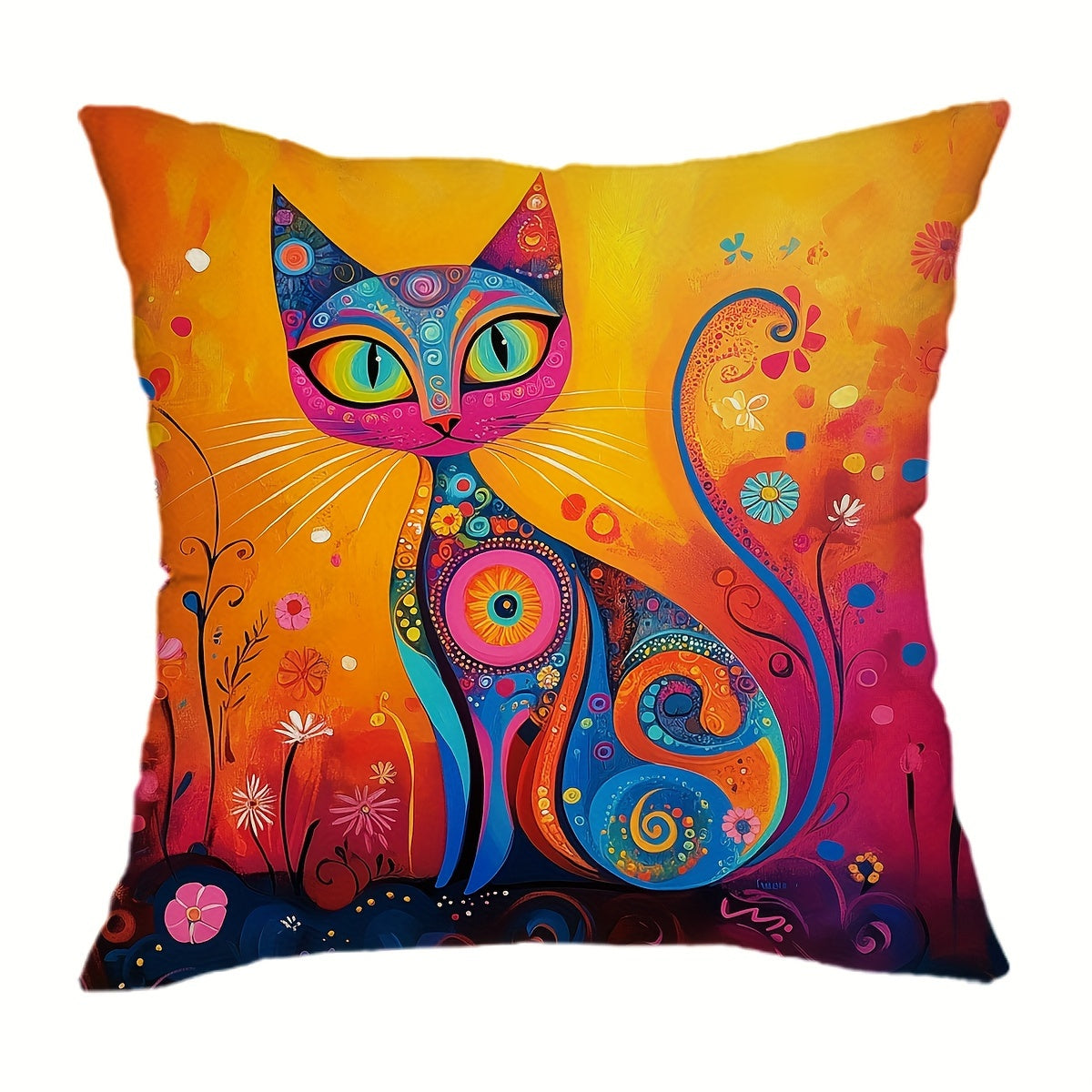 Black Cat Folk Art Throw Pillow Cover Sun Flowers 29.97x50.04cm or 44.96cm Square