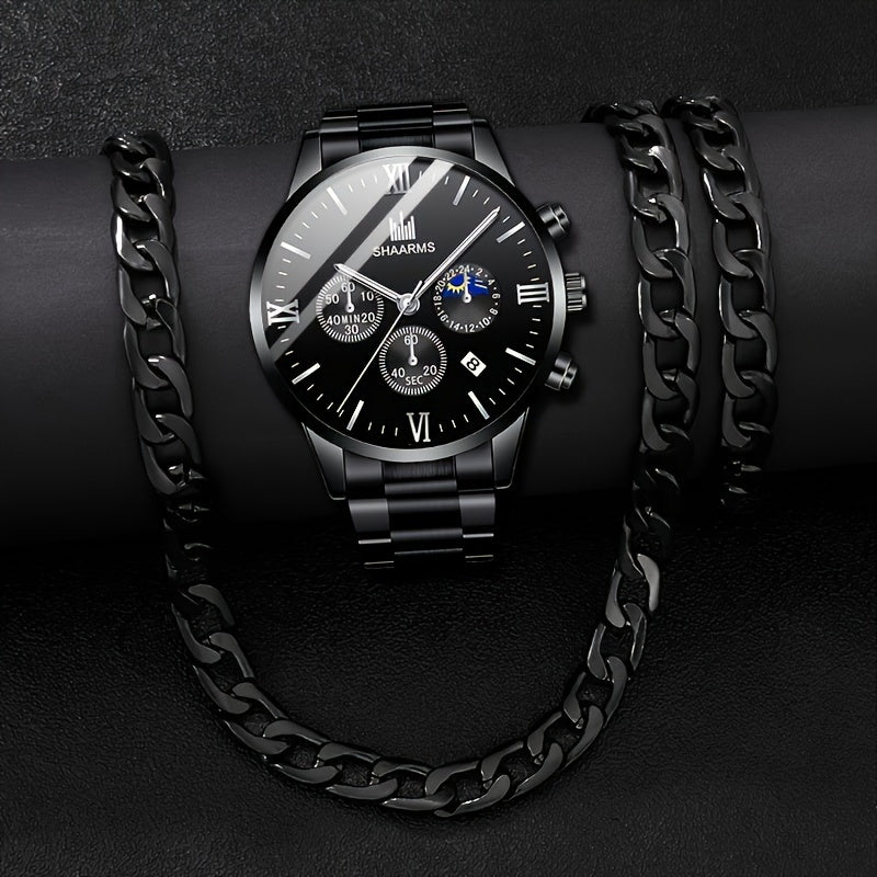 Men's Stainless Steel Quartz Watches with Calendar, Casual and Sport Styles