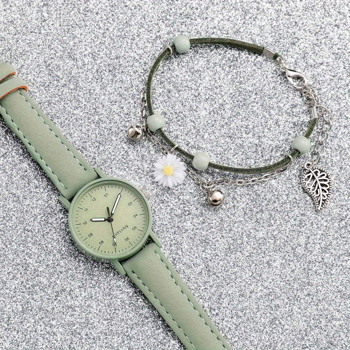 Women's Quartz Watch with Green Dial and Faux Leather Strap with Matching Bracelet