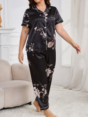 Women's Plus Size Satin Floral Print Pajama Set Short Sleeve Long Pants
