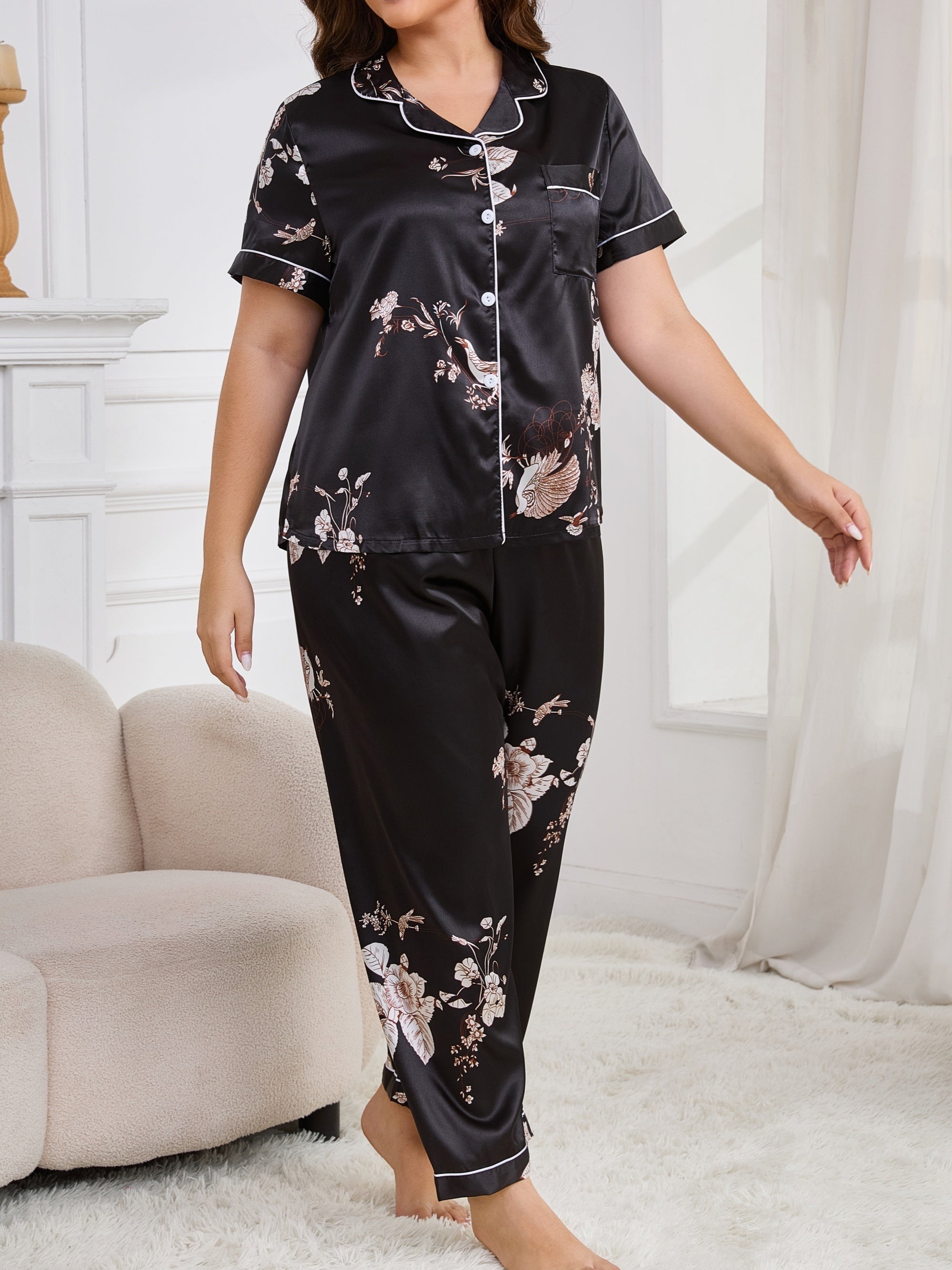 Women's Plus Size Satin Floral Print Pajama Set Short Sleeve Long Pants