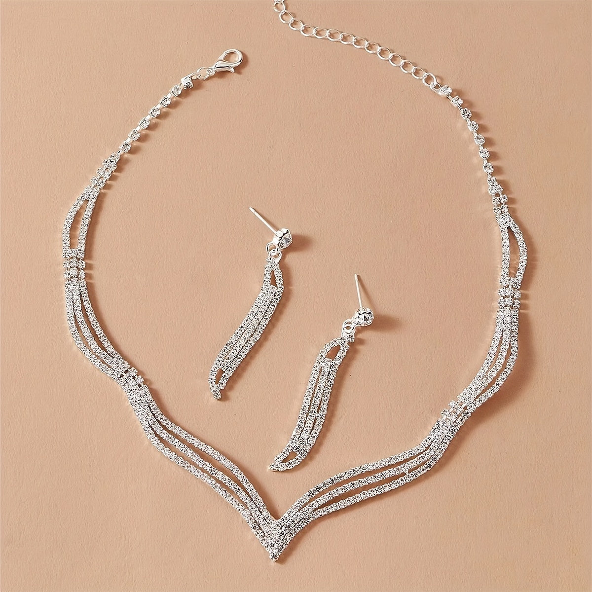 Women's Rhinestone Jewelry Set with Necklace Earrings and Bracelet for Bridal and Party