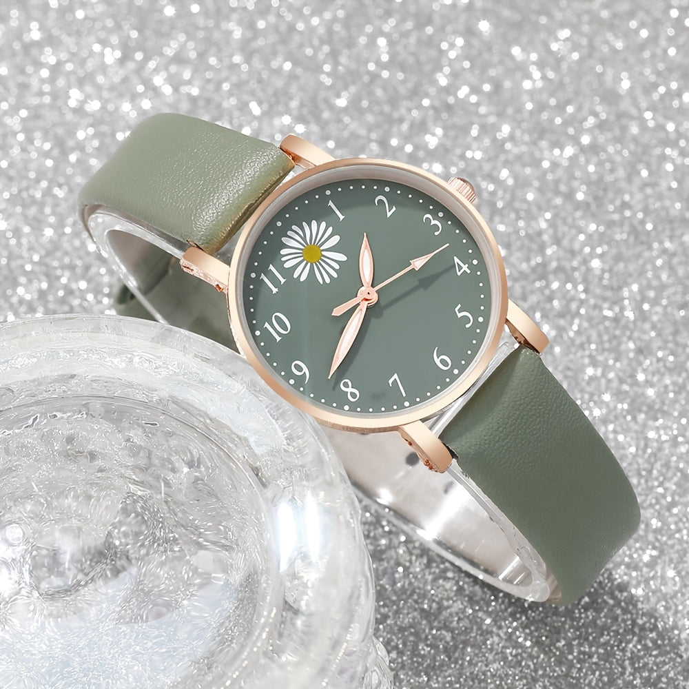 Conjunto de reloj de cuarzo Daisy Flower para mujer con reloj de cuero y pulsera