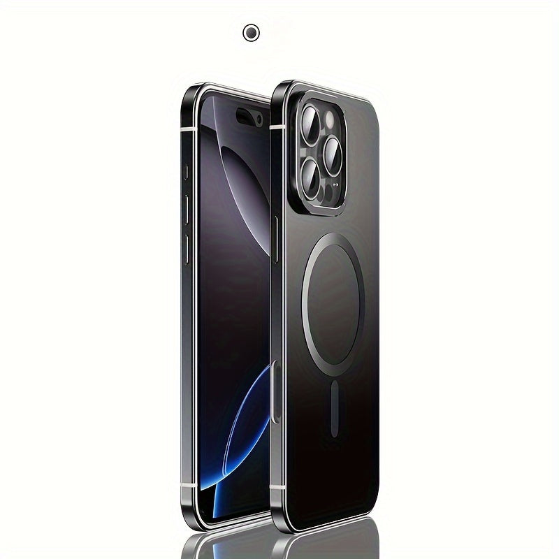 iPhone 16 Pro Max Case Stainless Steel Frame Magnetic Wireless Charging Frosted PC Back Cover